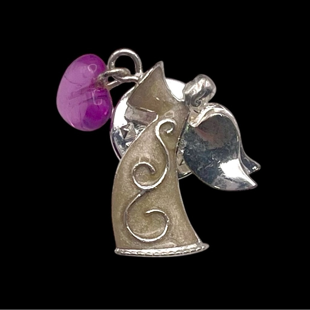 Dainty Avon Enamel Angel Tack Pin With Purple Dangling Heart
